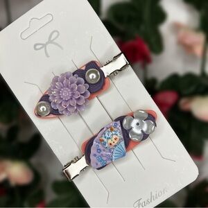 Kawaii Handmade Cream Glue Floral Hair Clips with Purple Designs